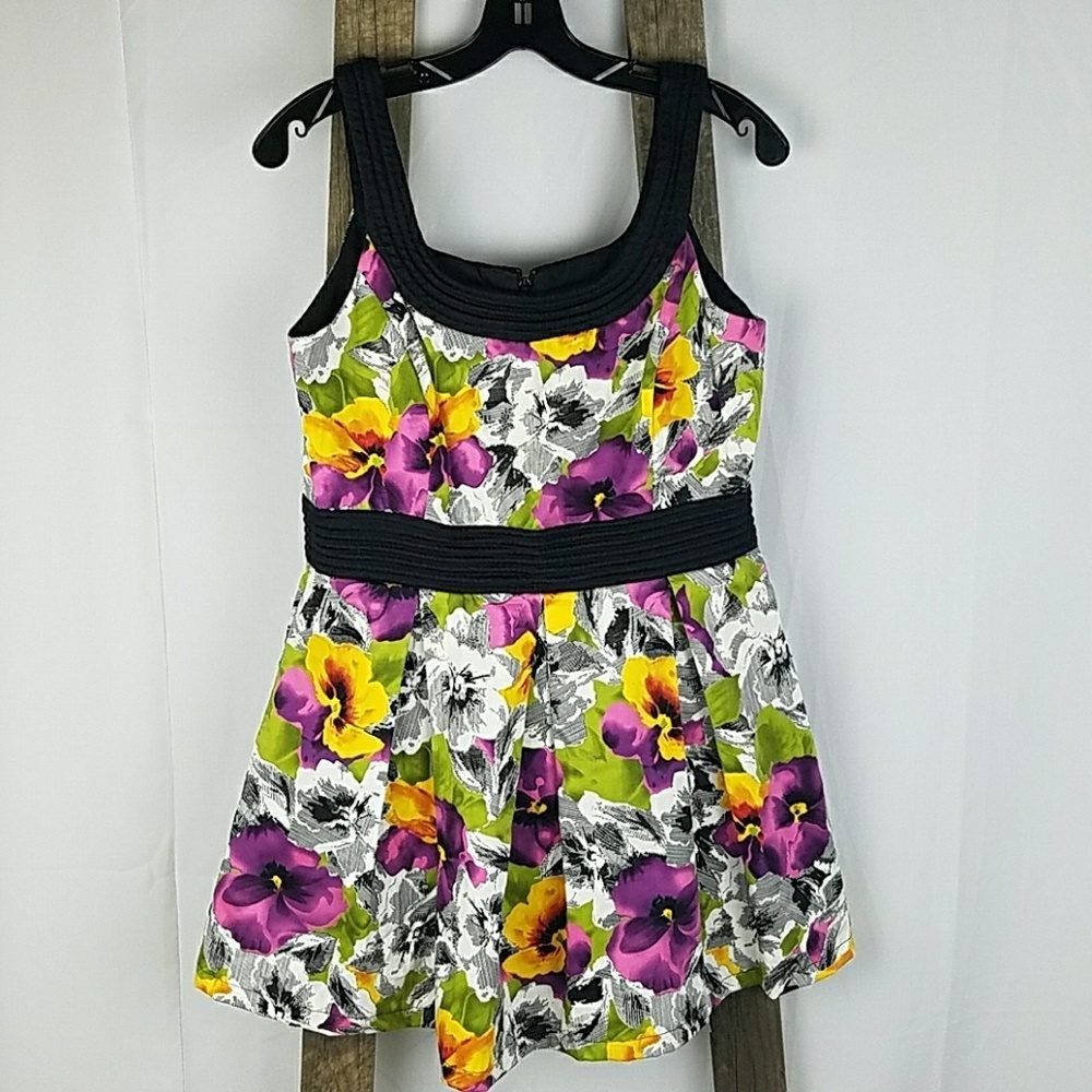 Donna Ricco Floral Tank Dress in Purple, Yellow, Green, Black